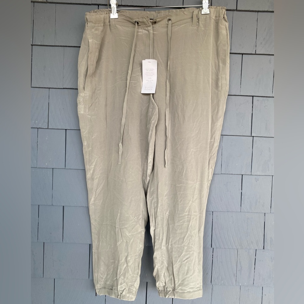 NWT New Eileen Fisher Gray Silk Crepe de Chine Drawstring Pants M Medium